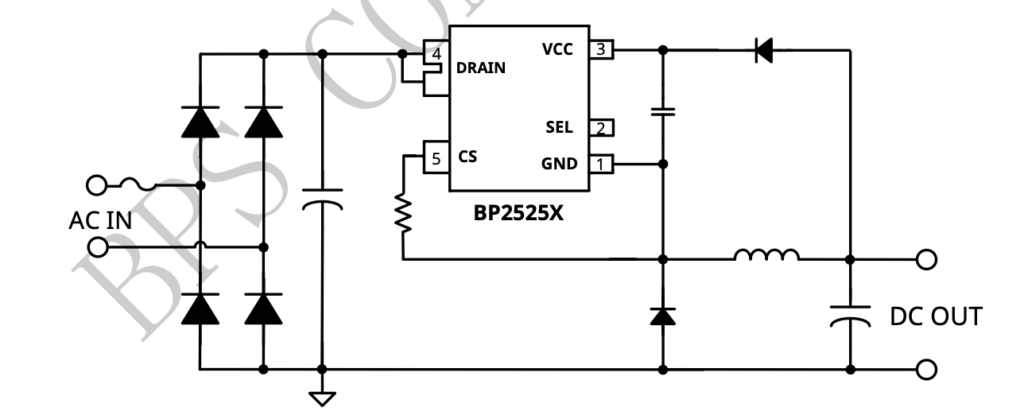 A typical application of the BP2525 chip. (https://www.erfang-ic.com/static/upload/BP2525D.pdf)